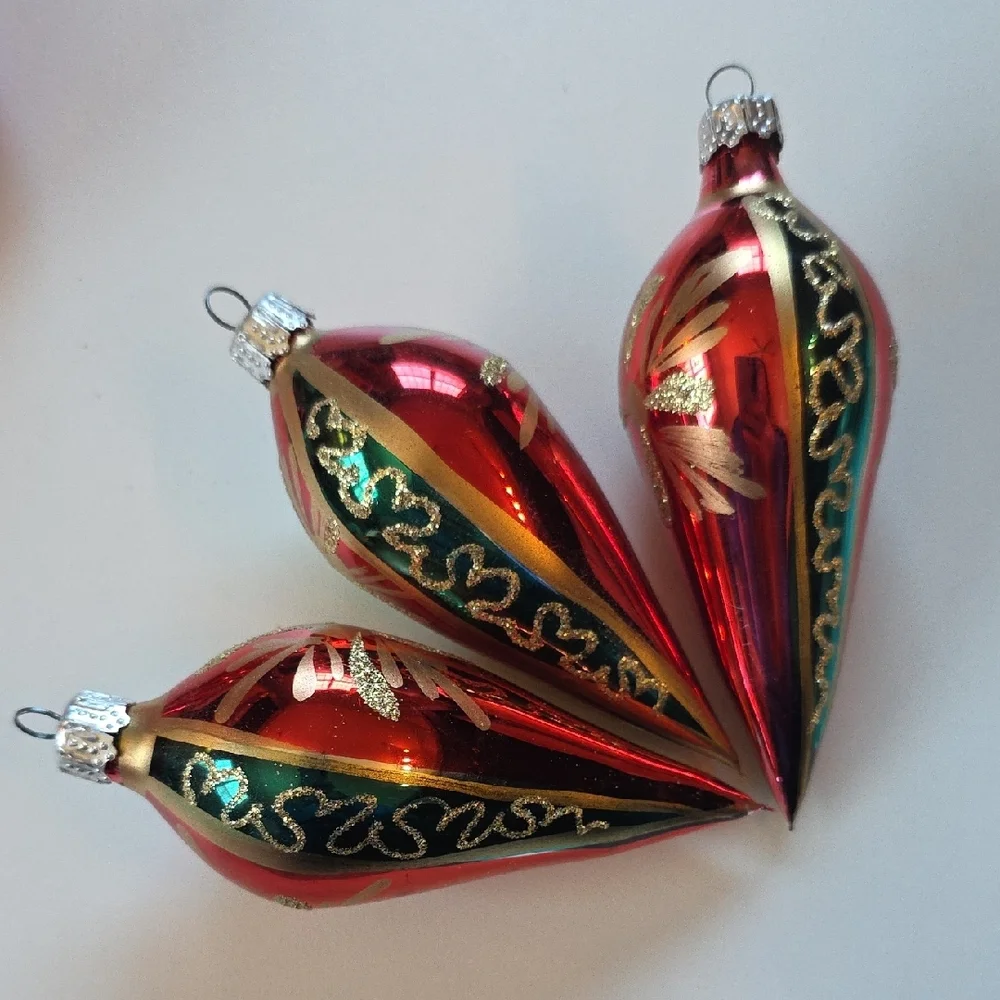 Vintage Holiday Ornaments Set Of 6 - Glass With Glitter Accents